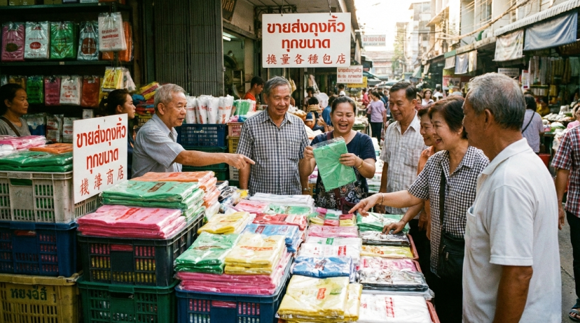 ร้านขายส่งถุงหูหิ้วทุกขนาด พ่อค้าแม่ค้าเลือกซื้อถุงพลาสติกไปใช้ในร้านค้า
